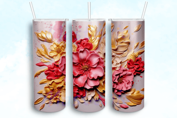 Gold Pink Flowers Painting Tumbler Design